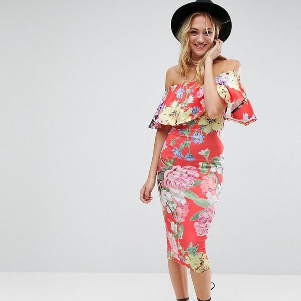 ASOS ruffle bardot off shoulder midi dress